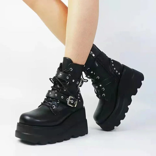 New Women Pu Leather Ankle Boots, Autumn, Winter, Round Toe Lace Up Shoes.