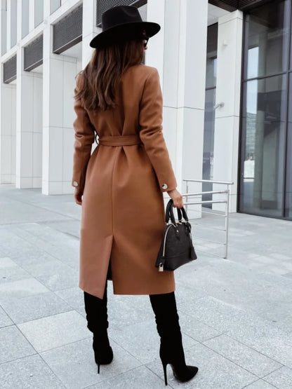 Women's Coat - Belted Wrap Winter Overcoat with Wide Lapel.