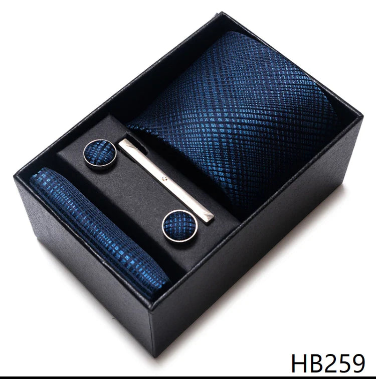 8 cm Wide Tie Sets Blue Solid Men's Neck Tie Handkerchief Cufflinks Clip Gift Silk Handmade