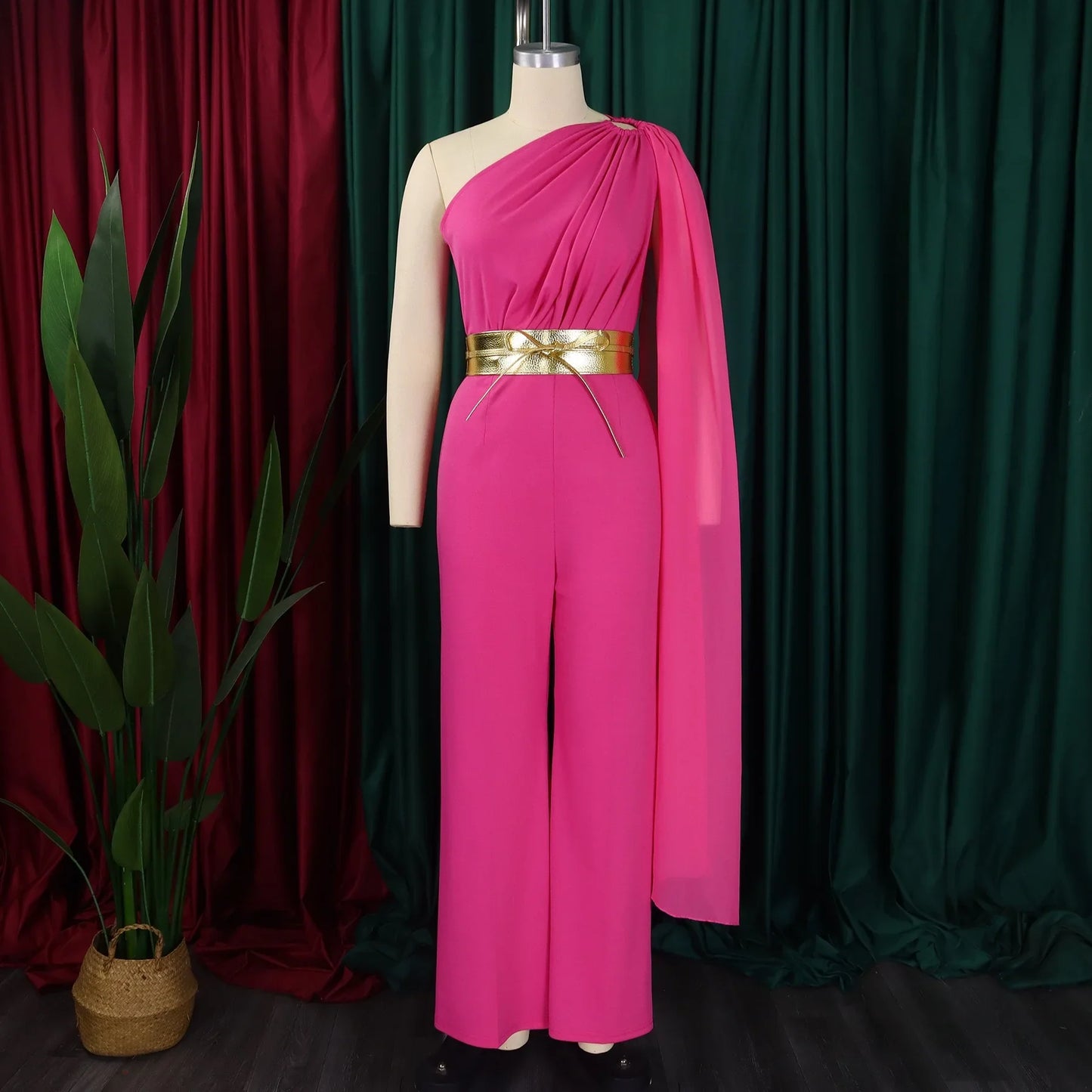 Elegant Jumpsuits & Rompers for Woman, One Shoulder Flying Sleeve High Waisted Luxury Dinner Outfits.