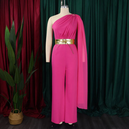 Elegant Jumpsuits & Rompers for Woman, One Shoulder Flying Sleeve High Waisted Luxury Dinner Outfits.