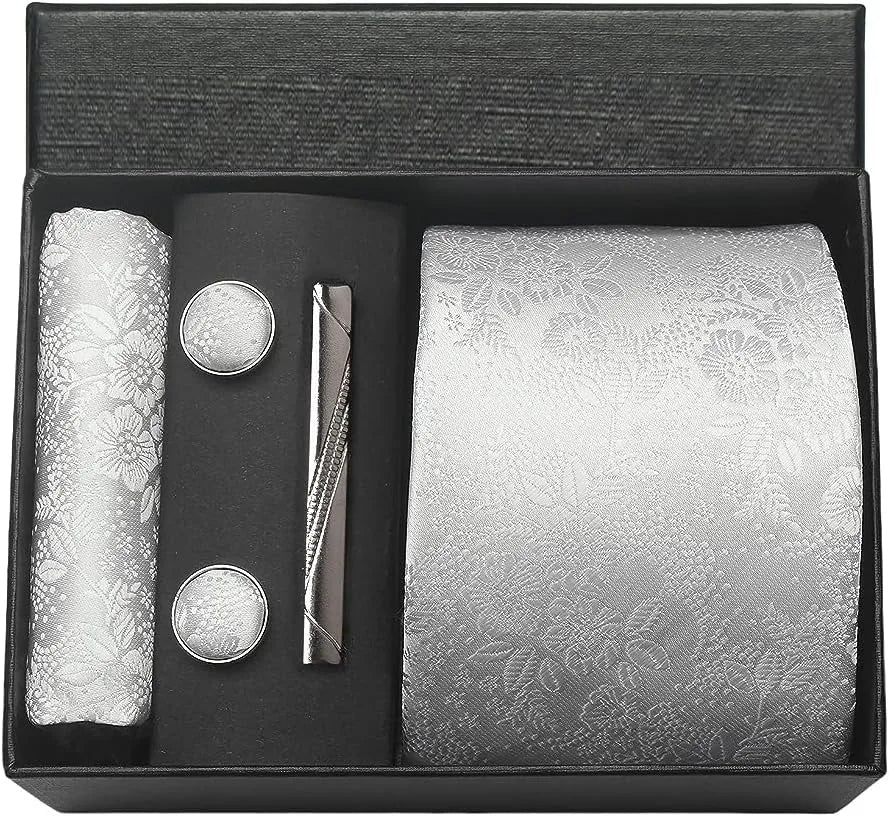 100% Silk Necktie Paisley Floral Men Business Tie, Pocket Square ,Tie Clip ,Cufflinks Set  Gift Box.
