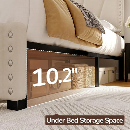 Velvet Headboard and LED Lights  Platform Bed with Charging Station King Size Bed Frame