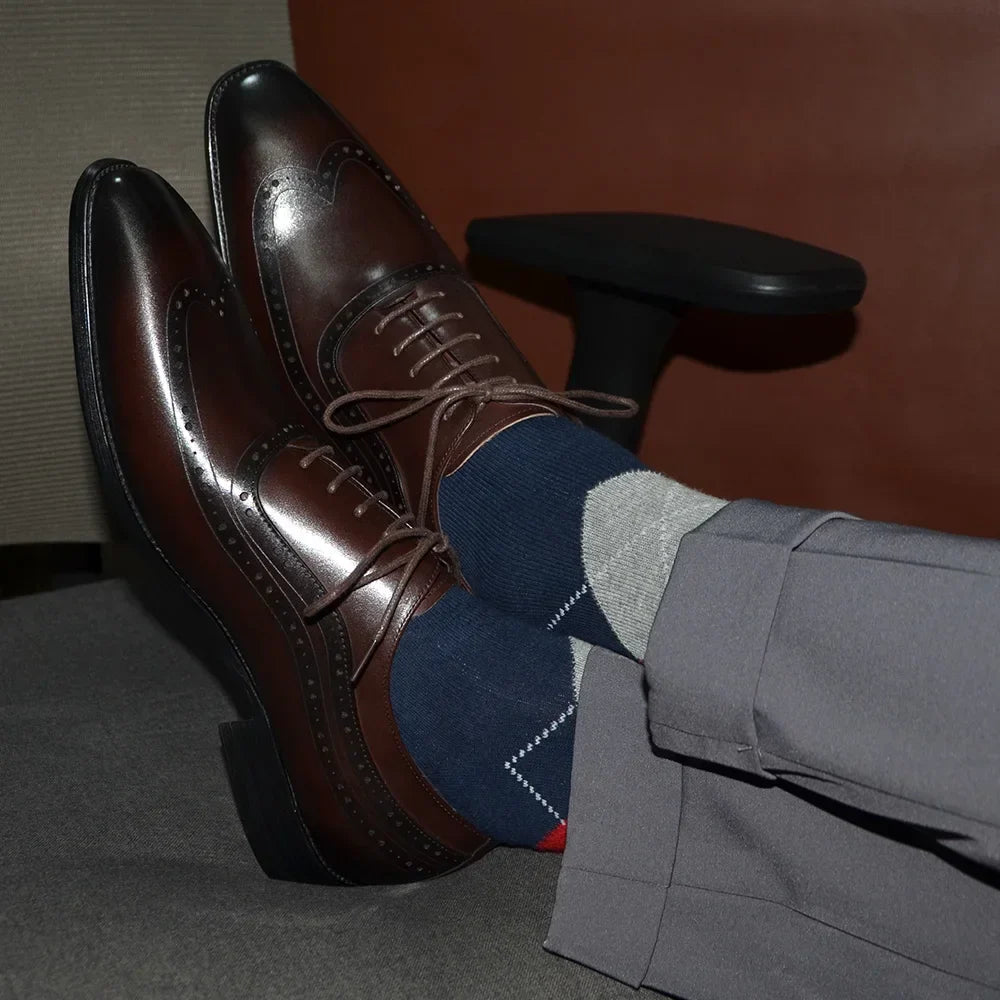 Men Wingtip Oxford Dress Shoes, Genuine Leather Brogue, Dark Brown Lace-up Pointy Toe, Business, Office, Wedding, Formal Shoes.