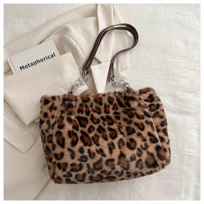 Winter Fashion Leopard Print Plush Women's Bags | Versatile Casual Trendy Premium Texture Large Capacity Shoulder Handbag