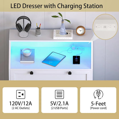 5 Drawer LED Dresser with Charging Station, Modern Wood Storage Cabinet for Bedroom Living Room.