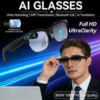 AI Smart Glasses 8MP Bluetooth, Waterproof ,IP66 with Video Recording, Photo Recognition, Translation, 290mAh Glasses for Everyday Use.