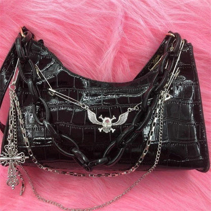 Gothic Dark Punk Underarm Bag | Skull Shoulder Bag & Y2K Chain Crocodile Pattern Crossbody Bag (Korean Popular Aesthetic Handbags)