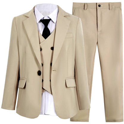 High Quality Kids Suit Set, 4-Piece Slim Fitting  Jacket, Pants, Vest, Bowtie, One Button Communion Kids Suits.