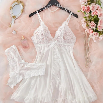 Sexy Lingerie Set, Women Erotic Bra Nightdress Sexy Sleepwear, V Neck Full Slip.
