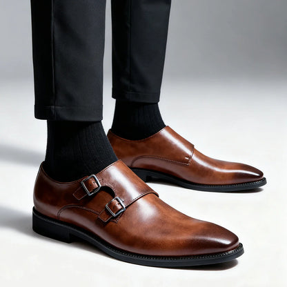 Classic Retro Dress Men Monk Leather Shoes, With Pointed Toe Buckle Business ,Office, Wedding, Oxfords Shoes.