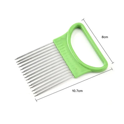 1/2/3/4pcs Effortlessly, Slice Onions with this 1pc Colorful Onion Slicer stainless steel potato chip onion holder.