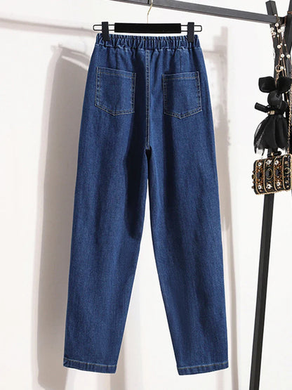 New 2024 Autumn Plus Size Jeans For Women High Elastic Waist Loose Blue Black Color.