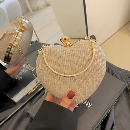 Shiny Heart Shape Metal Evening Clutch Bag for Women | Fashion Chain Shoulder Crossbody Bag (Luxury Lady Purse)