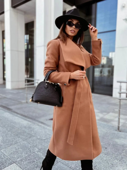Women's Coat - Belted Wrap Winter Overcoat with Wide Lapel.