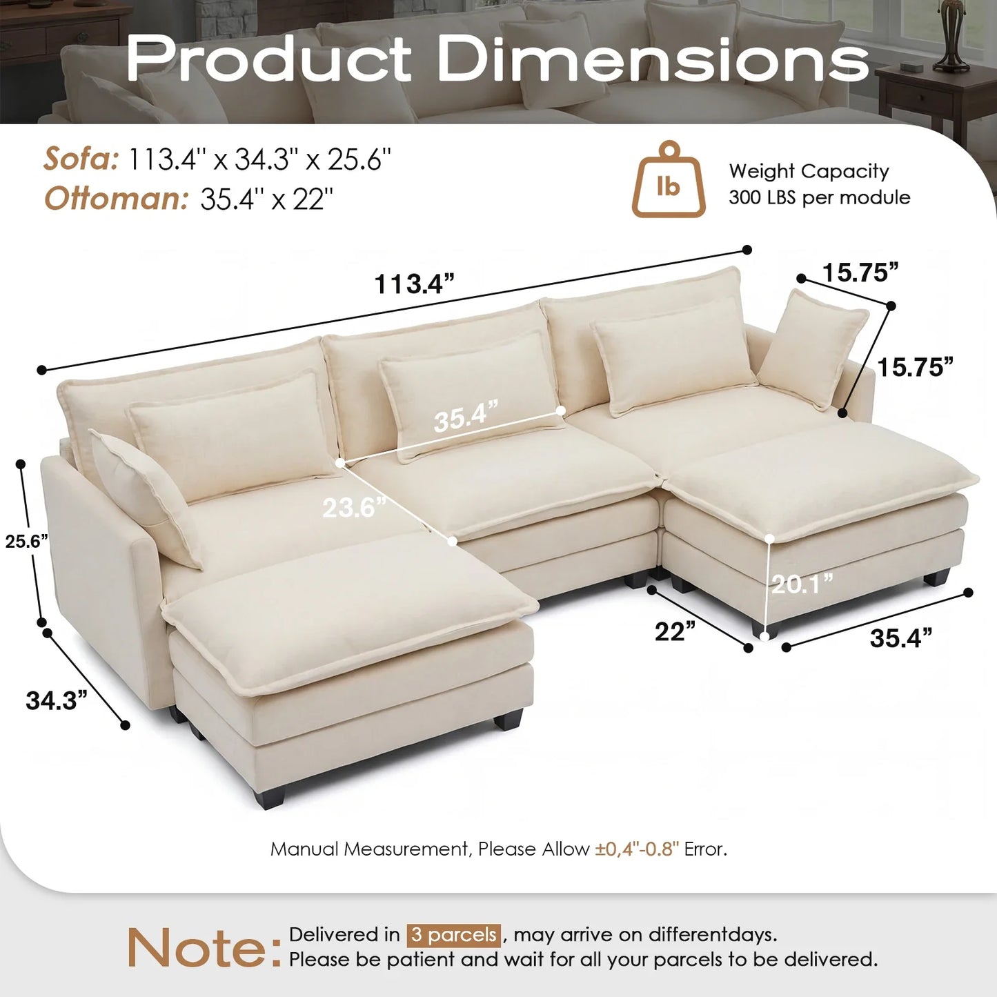 Redlife 113.4" Modular Sectional Sofa with Ottoman, Comfy Cloud Couch with Deep Seat (23.6" D), Solid Wood Frame, for Living Room.