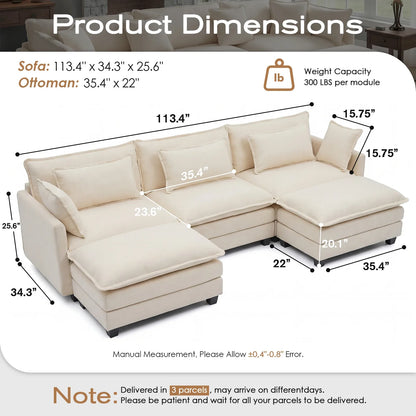 Redlife 113.4" Modular Sectional Sofa with Ottoman, Comfy Cloud Couch with Deep Seat (23.6" D), Solid Wood Frame, for Living Room.