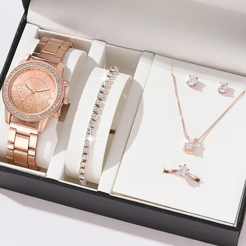 Women Quartz Watch Luxury Diamonds, Simple Stainless Steel Strap, Ring, Necklace, Earrings.