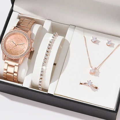 Women Quartz Watch Luxury Diamonds, Simple Stainless Steel Strap, Ring, Necklace, Earrings.
