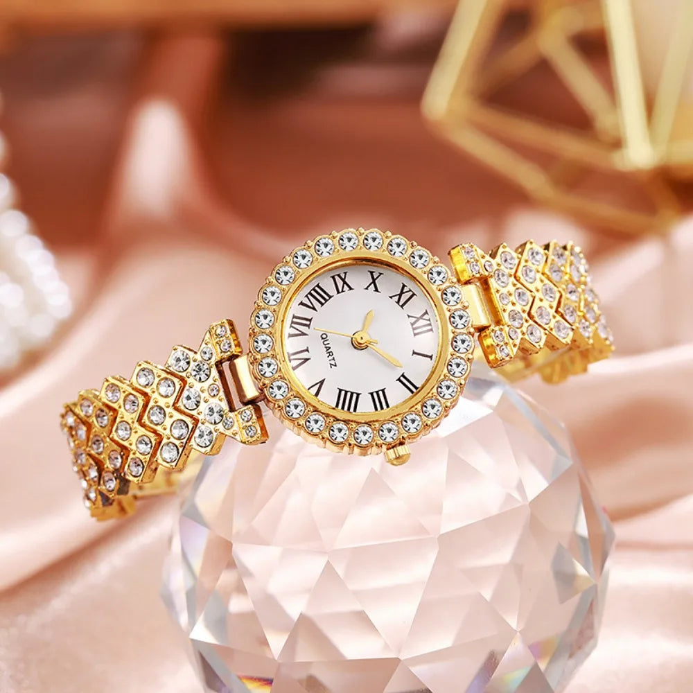5pcs Elegant Rhinestone Women Watches, Fashion Roman Dial, Bracelet Band, Quartz Wristwatch Jewelry Set.