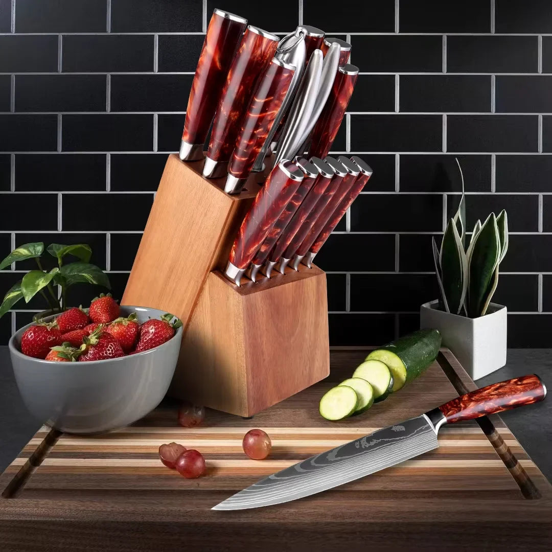 Knife Set 15-Piece Kitchen Set With Wooden Block, Laser Damascus Pattern Steel, Pro Chef ,With Scissor Sharpening Rod.
