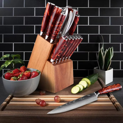 Knife Set 15-Piece Kitchen Set With Wooden Block, Laser Damascus Pattern Steel, Pro Chef ,With Scissor Sharpening Rod.