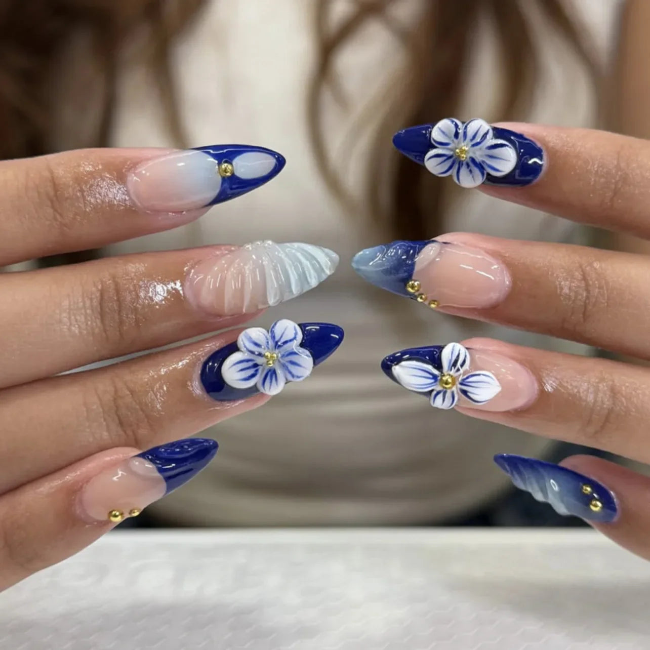 24Pcs Mid-length Almond Press on Fake Nails,3D Ripple Heart ,Pearl Star, Blue Smudge Detachable Full Cover Nails Tips.