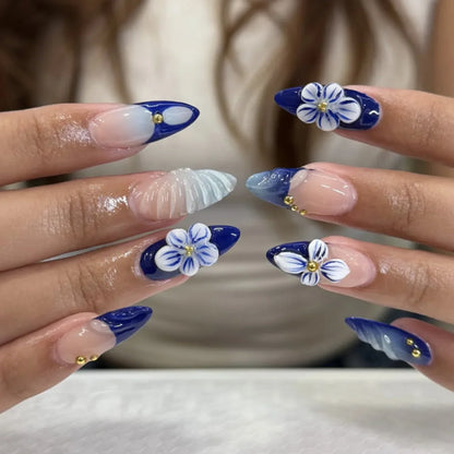 24Pcs Mid-length Almond Press on Fake Nails,3D Ripple Heart ,Pearl Star, Blue Smudge Detachable Full Cover Nails Tips.