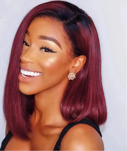 Wine Red Ombre 1B-99J Straight Bob Wig | 13x4 Transparent Lace Front Brazilian Human Hair