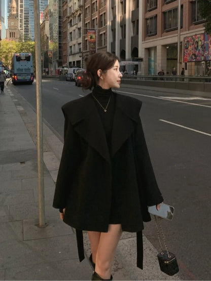 Winter Wool Coat Women, Chic Navy Collar, Belted Waist