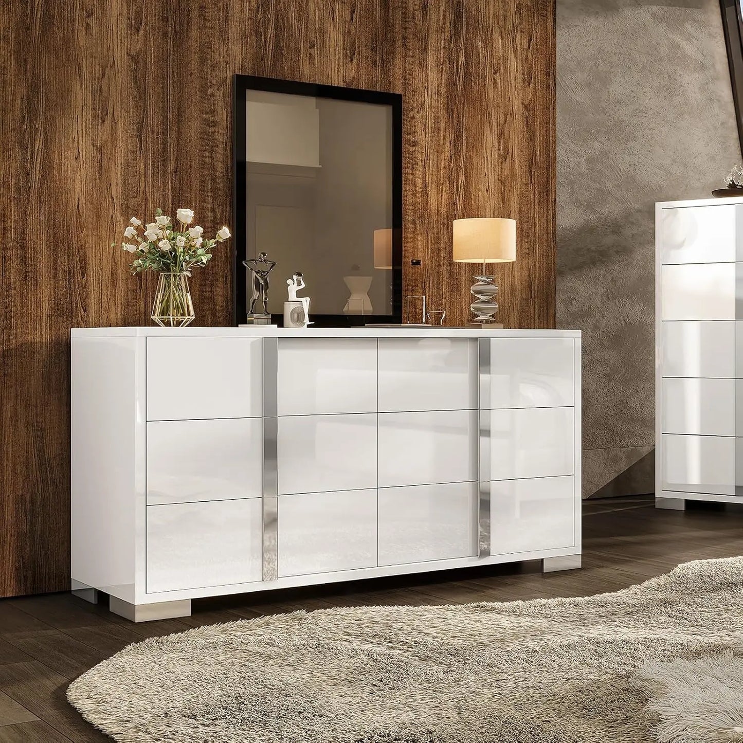 Modern Storage Chest of Drawers with Wide Tabletop, 54" W High Gloss 6 Drawers Dresser with Silver Grooved Handles.