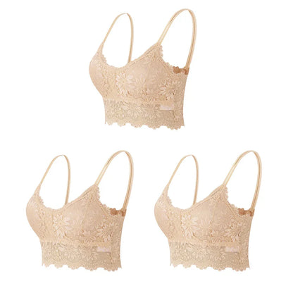 3PCS Women's Lace Top Comfortable Bralette, Solid Color Underwear Vest.