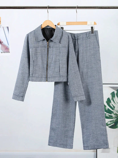 Women's Outwear 2 Piece Set Coats Pants ,Zipper Short Jackets, Straight-Leg Trouser Woman Clothes