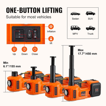 5T Electric Car Jack, Hydraulic Jack with Electric Impact Wrench, Built-in Inflatable Pump, LED Light for SUV Sedan Truck.