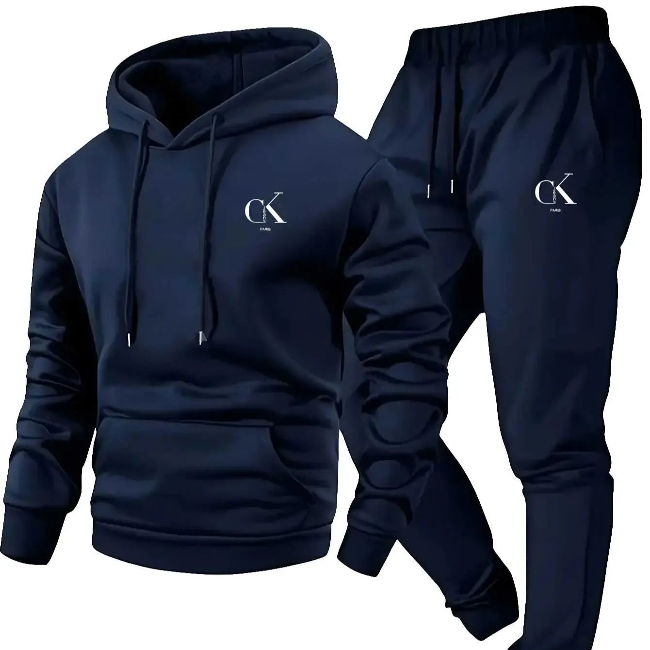 2025 Men Hoodie & Sweatpants Set - Casual Gray Loungewear with Pockets, Drawstring Hood and Ribbed Waistband.