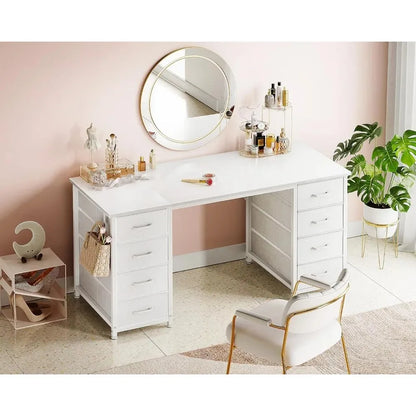 48-Inch White Computer Desk with 8 Fabric Drawers, Modern Office Desk for Home Office.
