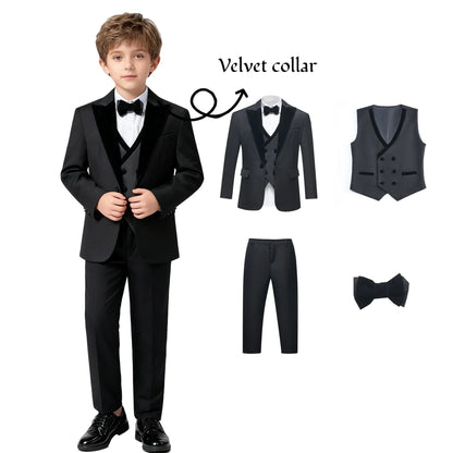 2025 New Kids Suit Set, 4 Pieces Formal  Suits for Boys, Jacket, Vest, Pants, Bowtie Velvet Collar.