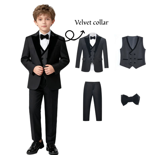 2025 New Kids Suit Set, 4 Pieces Formal  Suits for Boys, Jacket, Vest, Pants, Bowtie Velvet Collar.