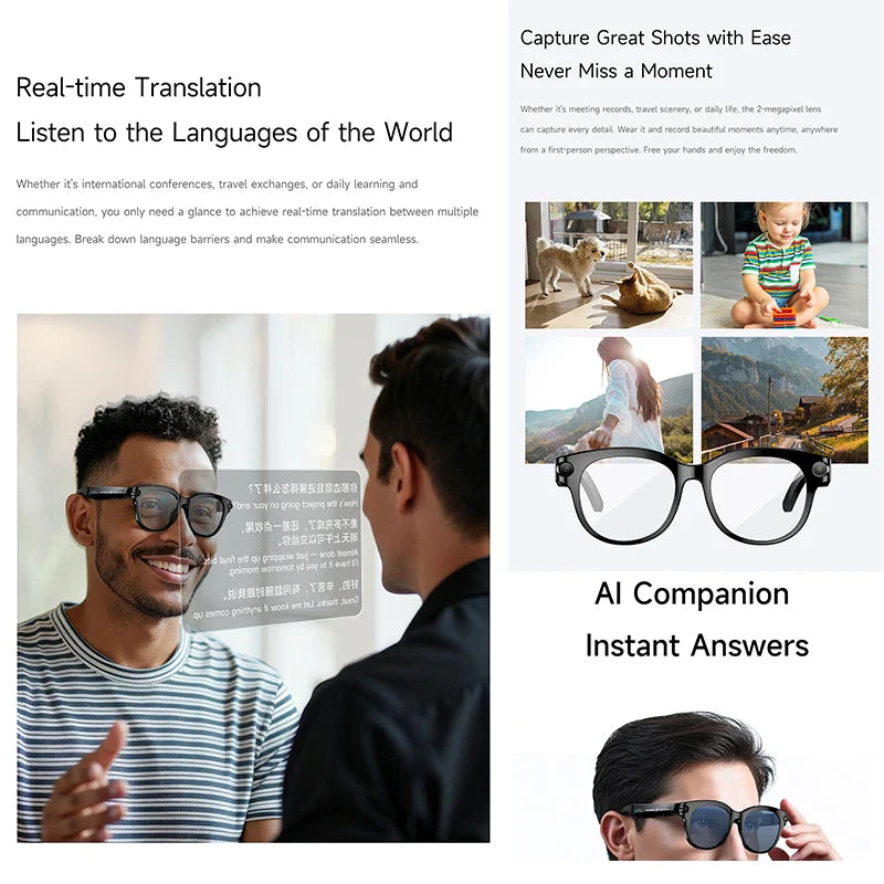 New 200W HD Camera Smart Glasses, AI Assistant Photo Recognition, Video Recording, 290mAh 512M Storage Smart Sunglasses.