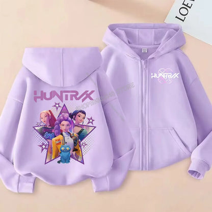 Demon Hunters Zipper Hoodie Cartoon Girls Coat, Fashion Thin Clothes Purple Hoodie Jacket Kids Sweatshirt.