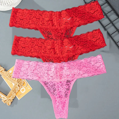 3PCS Lace Floral Women Panties ,Low Waist Breathable Briefs Female Thong Underwear M-2XL Sexy G-String Transparent Panty.