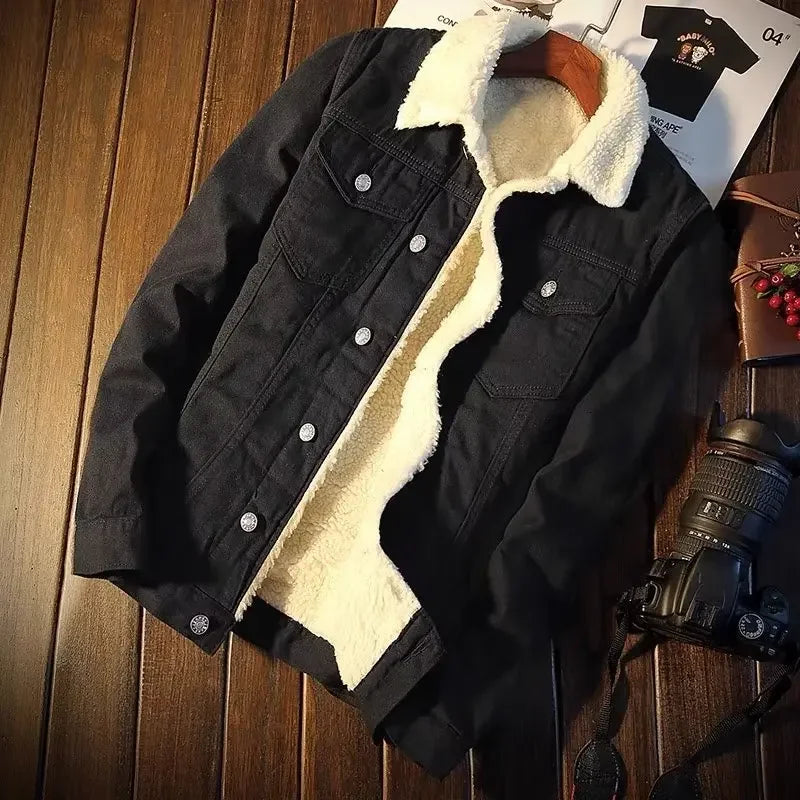 Winter Fleece-lined Thickened Denim Jacket  Loose Fit.