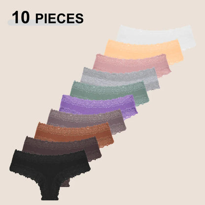 10PCS/Set Women Lace Cotton Panties, Sexy Low-Waist Brazilian Panties, Solid Color Female Underwear.