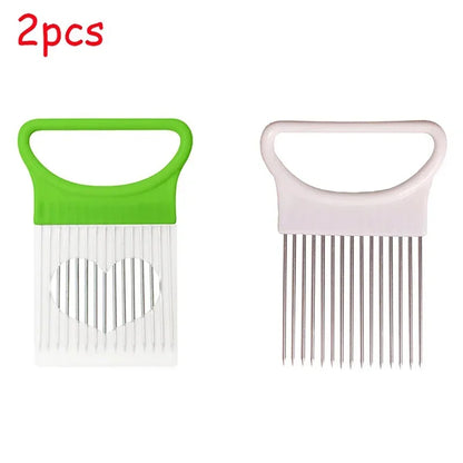 1/2/3/4pcs Effortlessly, Slice Onions with this 1pc Colorful Onion Slicer stainless steel potato chip onion holder.