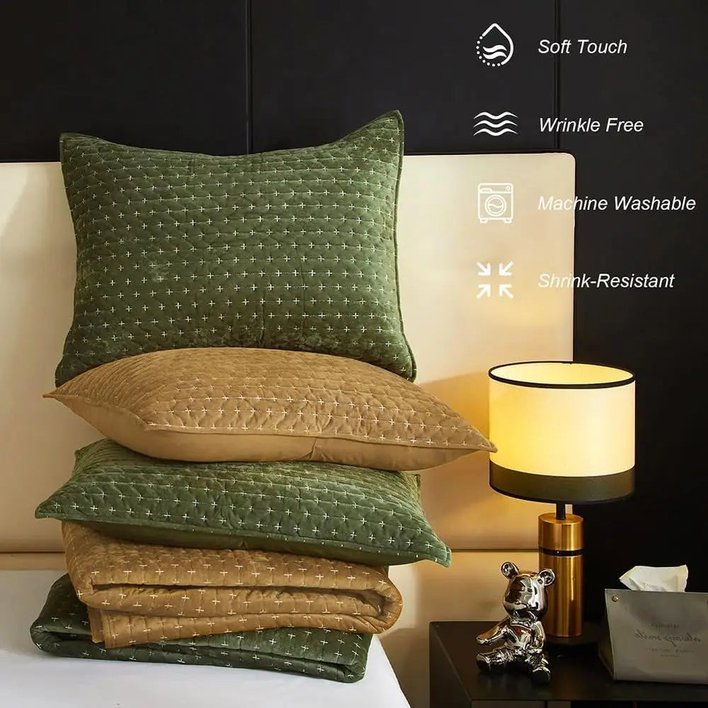 Luxurious King Size Velvet Quilted Coverlet Set with Pillow Shams in Brown, 96x106 Striped Comforter.