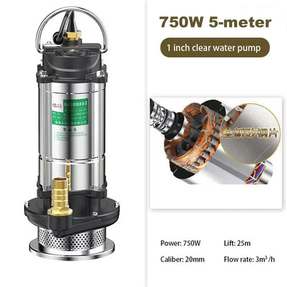 220V Submersible Pump Agricultural Pumping, Garden Tools, Drainage, Irrigation, Self-priming Sewage Pump Stainless Steel.