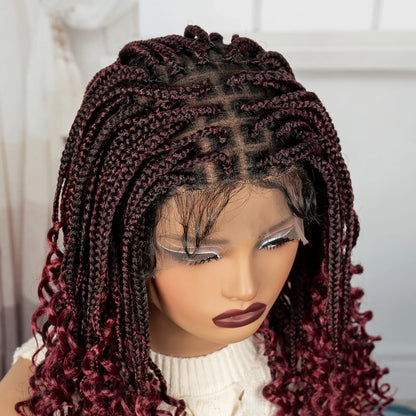Burgundy Boho Knotless Braids Bob Wig with Curly Ends | Full Lace