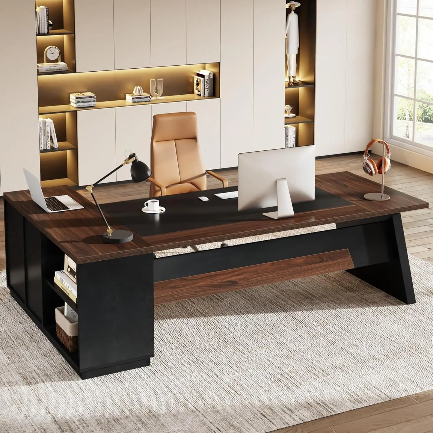 L-Shaped Executive Desk with  Drawers and Lateral File Cabinet,