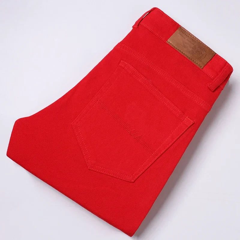 Men's White Jeans Straight Elastic Cotton Denim Pants