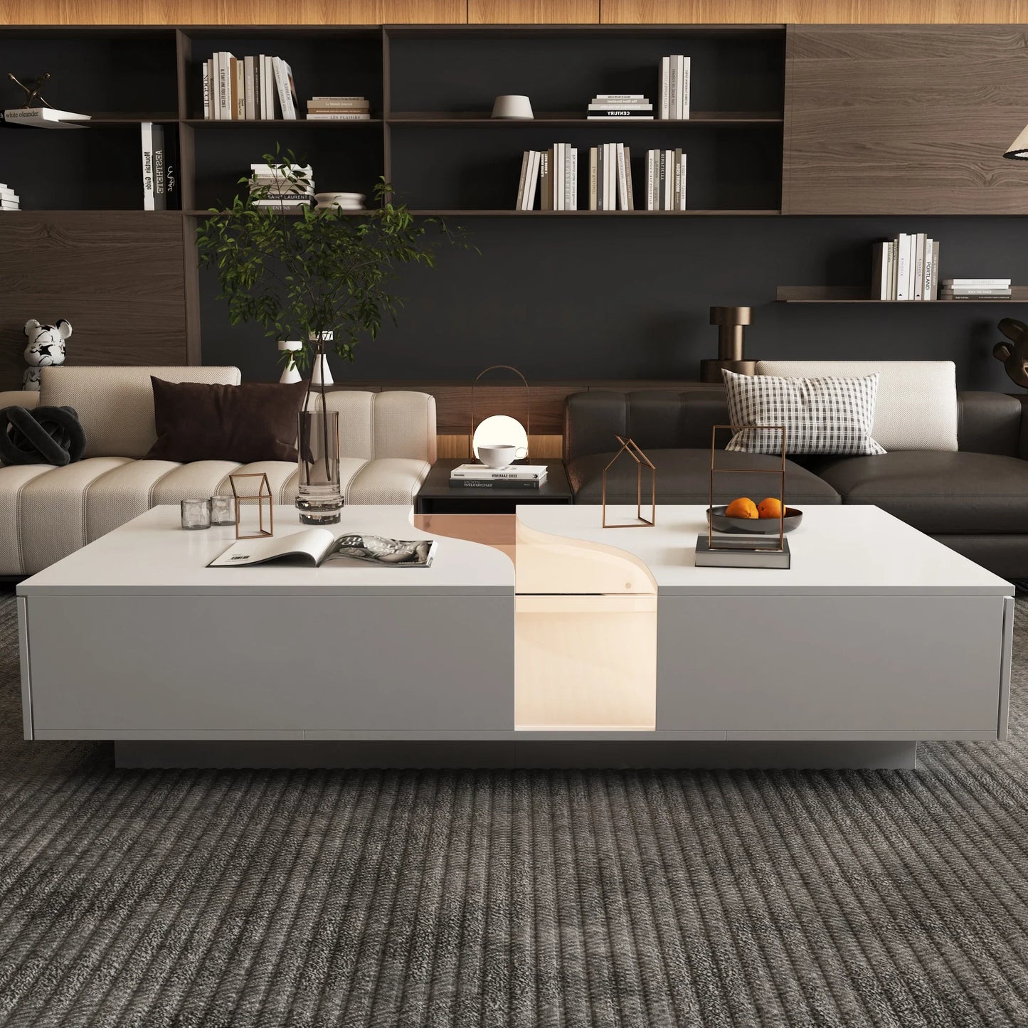 55.1'' Wide Modern Coffee Table With 2 Drawers & LED Lights.